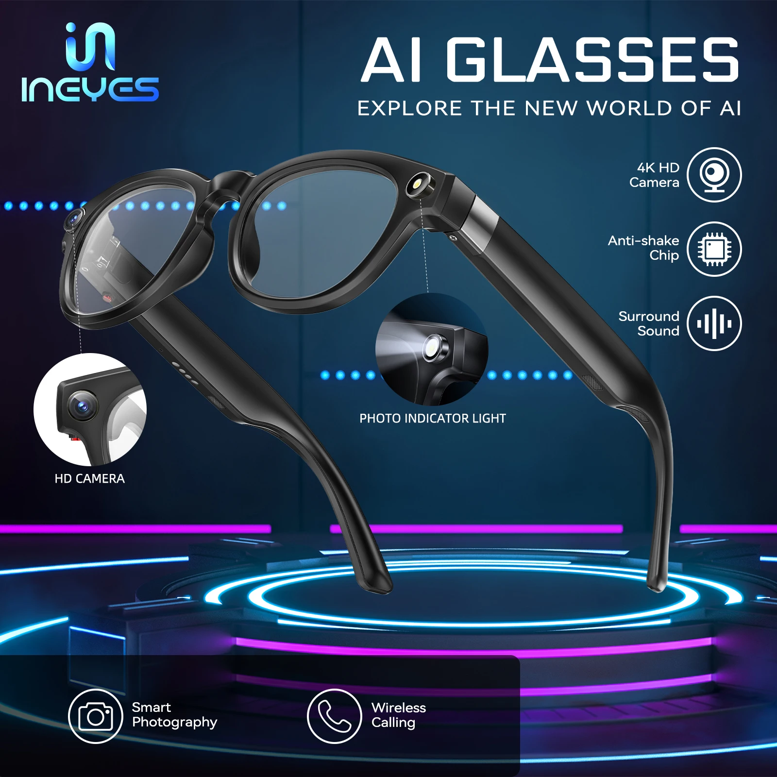

INEYES 2025 Smart Glasses Bluetooth Call AI Voice Navigation Photochromic Lens Outdoor Sports Smart Camera Waterproof Sunglasses
