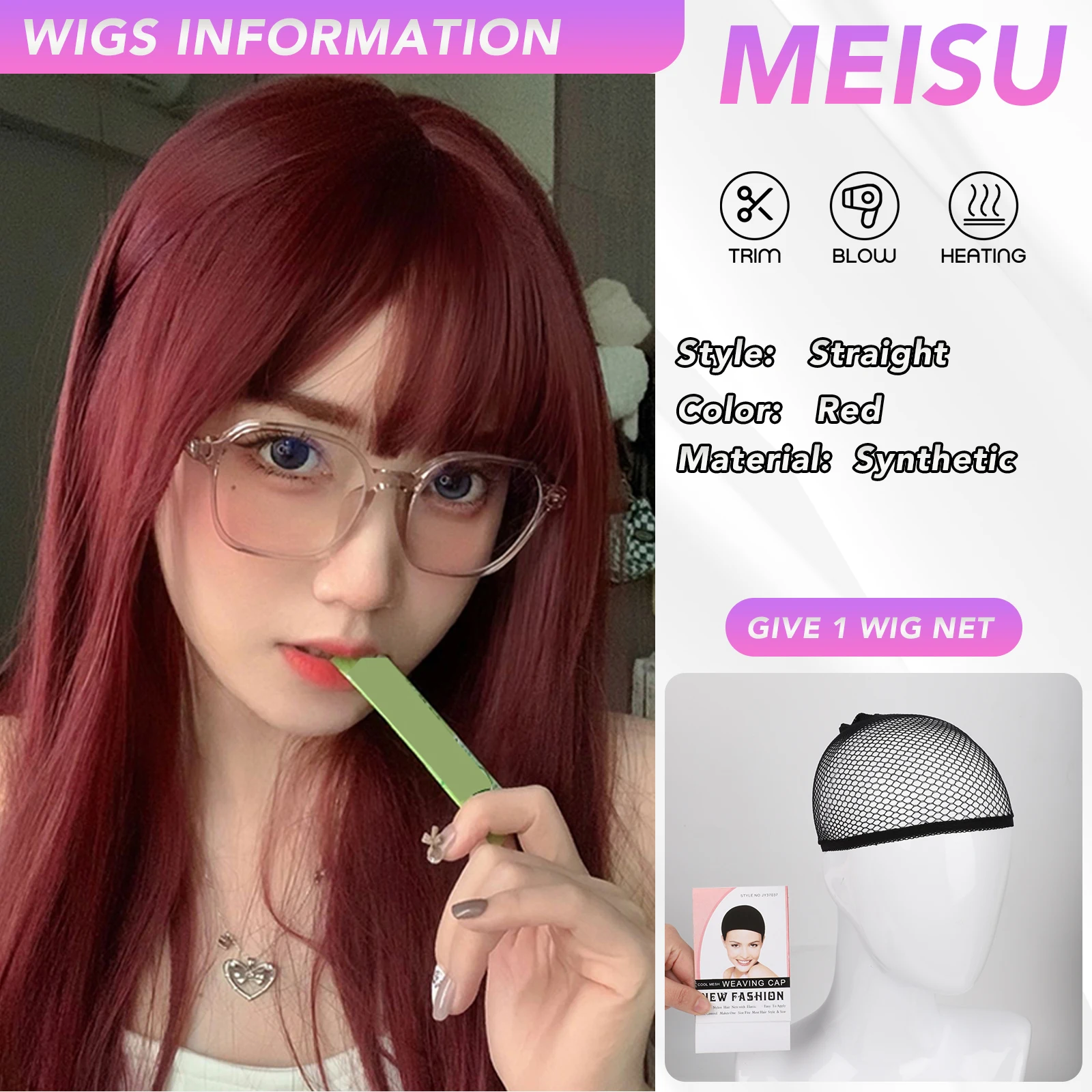 MEISU 26 Inch Long Straight Bangs Wig Synthetic Layered Fiber Heat-resistant Party Halloween Cosplay Natural Softness For Women