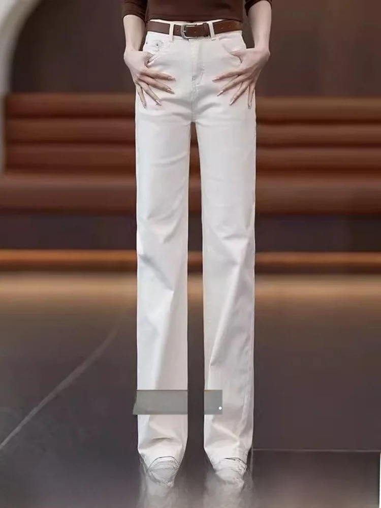 

Прямые джинсы с высокой талией, женские весенне-осенние эластичные хлопковые джинсовые брюки, корейские длинные брюки простого дизайна для поездок на работу