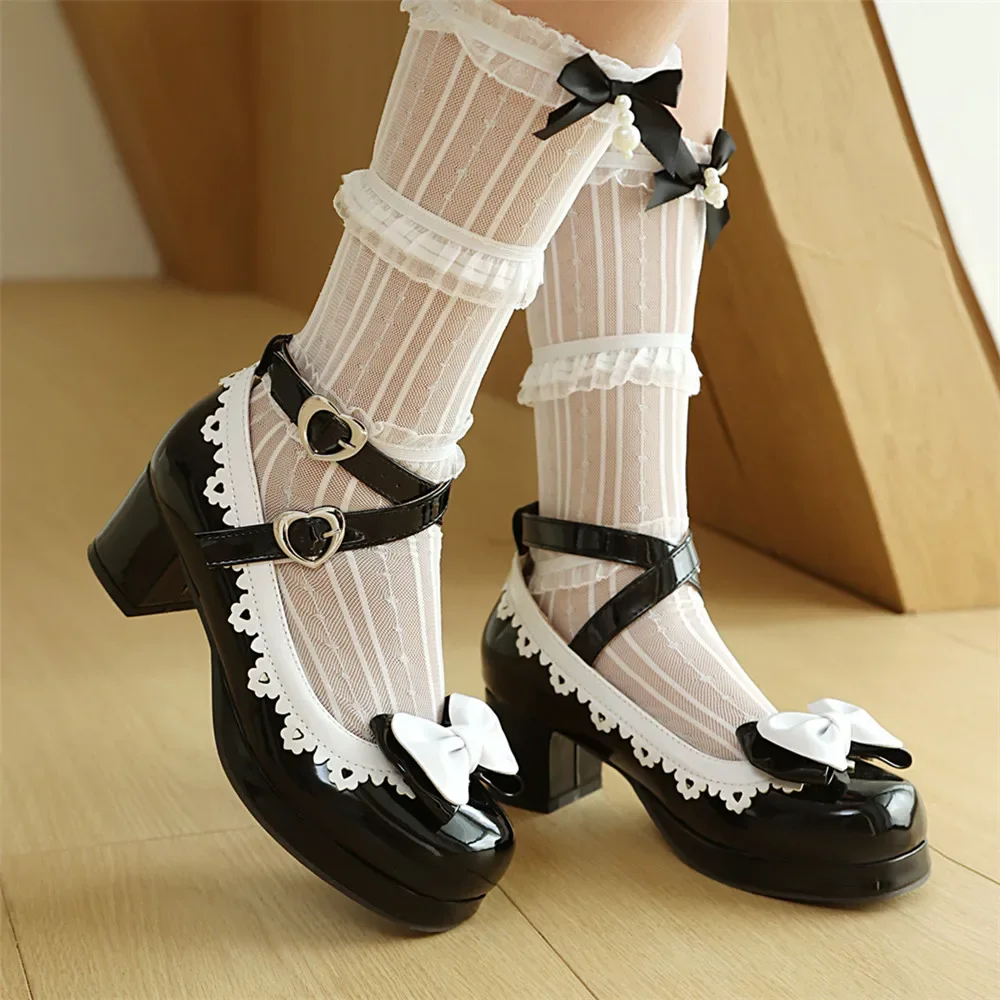 Sweet Girls Lolita Ruffles Bowknot Lace Bridal Wedding Shoes Women High Heels Bordered Princess Cosplay Party Pink Size 34-48