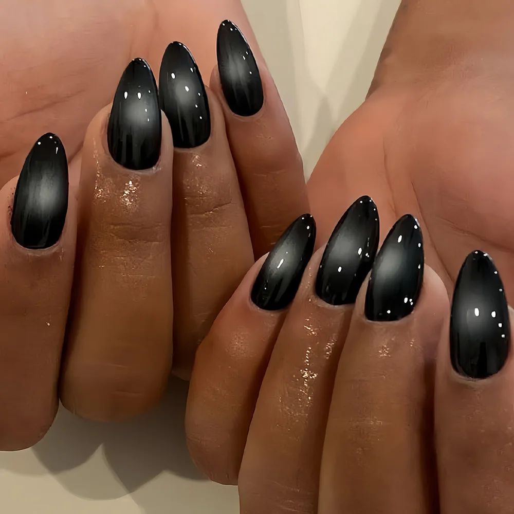 24PCS Press on Nails Almond Nail Halloween Fake Nail Simple and Glossy Black Dyed and Wearable Nail Stickers for Woman
