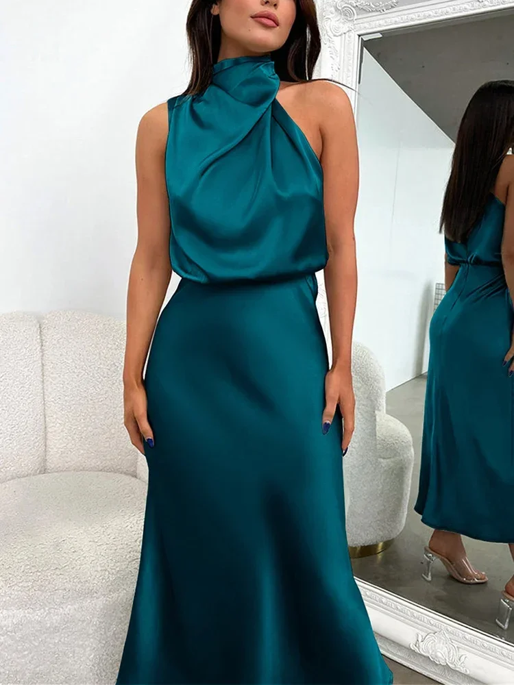 Summer Luxury Sleeveless Silk Satin Long Dress Women Elegant Off Shoulder Celebrity Evening Dress Partywear Lady Trumpet Dress image 4