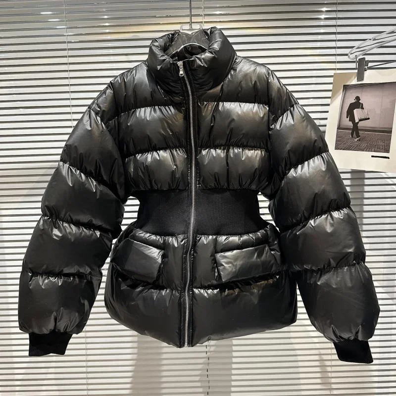 

Winter Women Coffee Color Black Slim Warm Cotton-padded Coat Stand Collar Long Sleeve Elastic Waist Female Cotton Parkas Coat