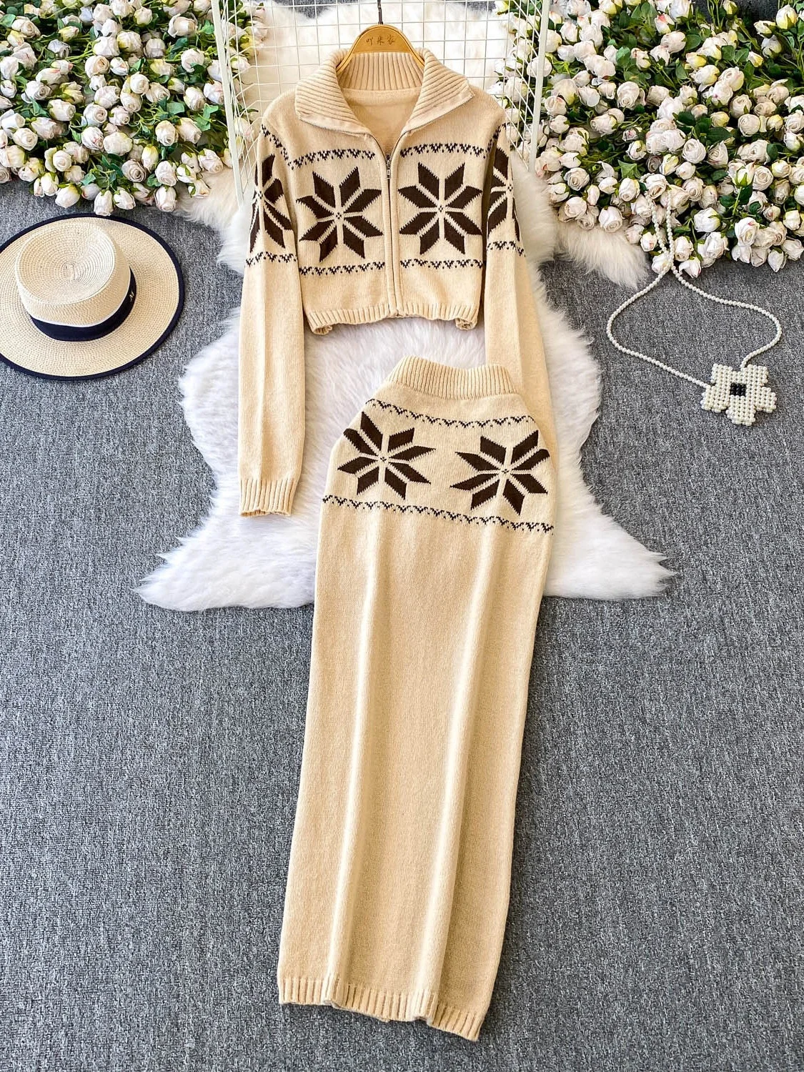 Ladies Faionable Winter Outfit Embroidered Knitted High Waist Slim Fit Split f Skirt Zipper Open Cardigan Ele Sle