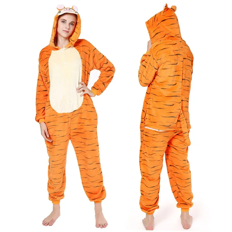 Cartoon Adult Jumpsuit Costume Onesie Tiger Pajamas Unisex Animal One-Piece Costume Cosplay Women Men Homewear Sleepwear Party