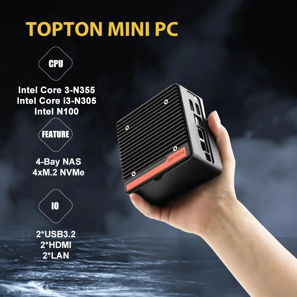 4-kieszeniowy komputer kieszonkowy NAS z podwójnym portem LAN 2,5 GbE i226-v Core i3 N305 N100 z podwójnym wyświetlaczem 4K, 2 porty USB3.2 10 Gb/s dla minikomputera NAS