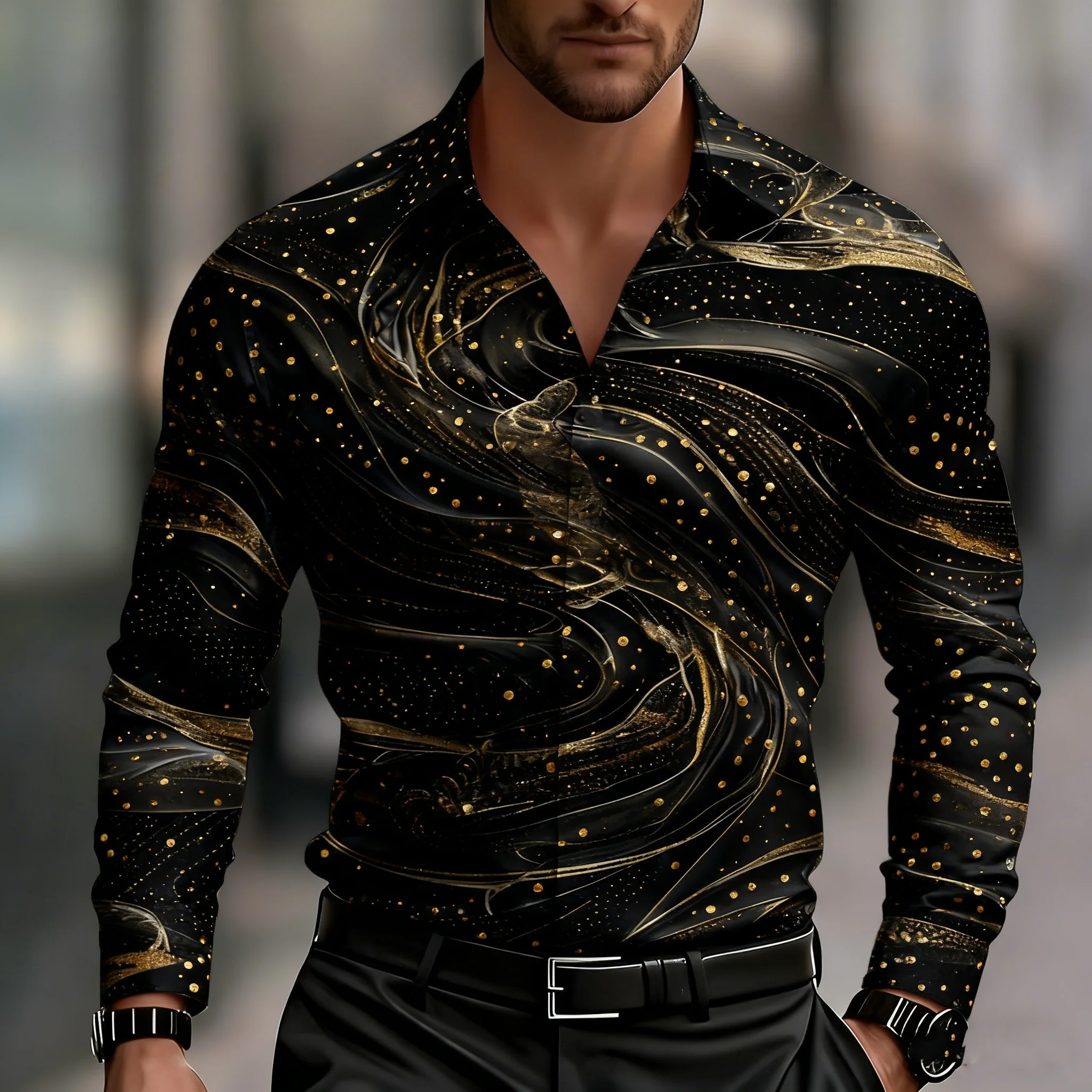 Camisa masculina de manga comprida com padrão de mármore, camisa casual com botões, adequada para uso diário de escritório, namoro, viagens, etc.
