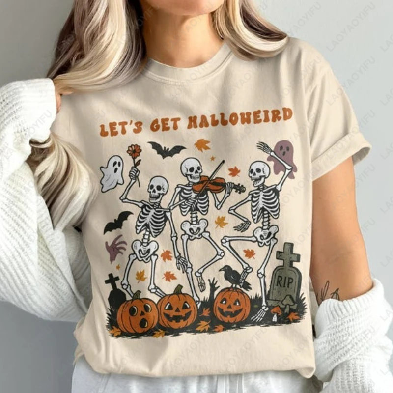 

Футболка Lets Get Halloweird, забавные футболки для вечеринок со скелетами на Хэллоуин, мужские и женские топы с рисунком жуткого сезона, осенняя футболка с призраками и тыквой