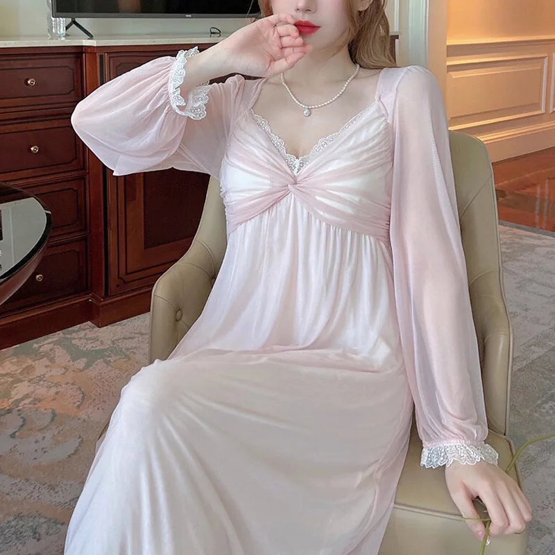 Women Long Nightgown Sleepwear Spring Summer French Sexy Fairy Palace Style Nightdress Casual Mesh Home Clothes Lounge Wear