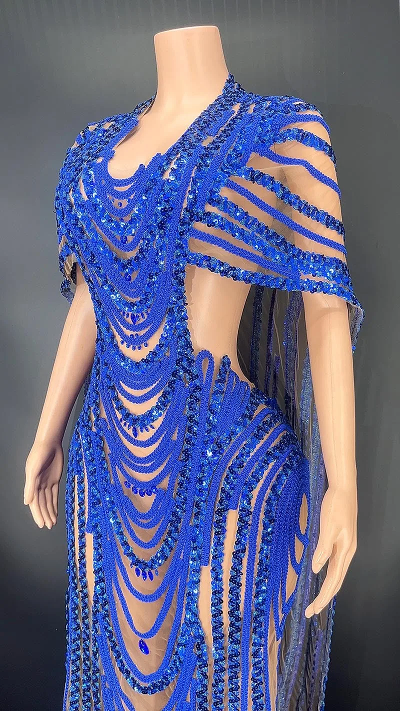 Maßge schneiderte Langarm Mesh Spitze Umhang transparent hochela tische Pailletten sexy enges Kleid Geburtstags feier Kleid Performance-Kleid