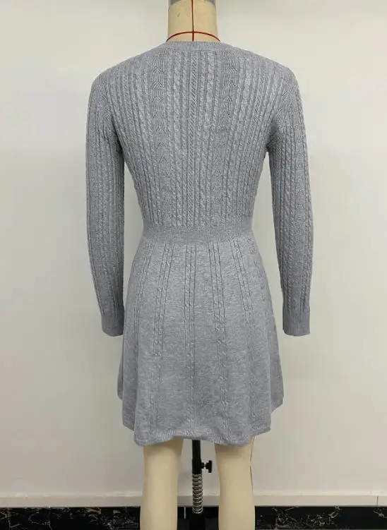 High Waist Dresses Women Autumn & Winter New Elegant Style Short Woolen Dress Bow Decor Gray Knitted Dresses for Women's Clothes