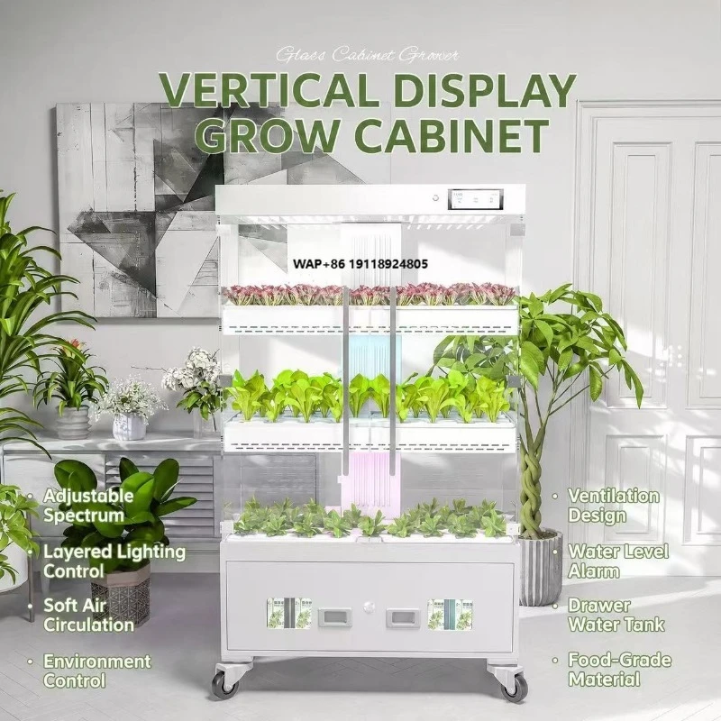 Indoor research hydroponic cabinet, transparent glass housing, adjustable light cycle, commercial plant growth machine