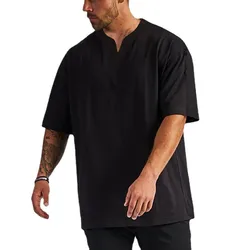 Mens Oversized Small V Neck T Shirt Dropped Shoulders Hip Hop Loose Gym Clothing Half Sleeve Cotton Fitness Bodybuilding T-shirt