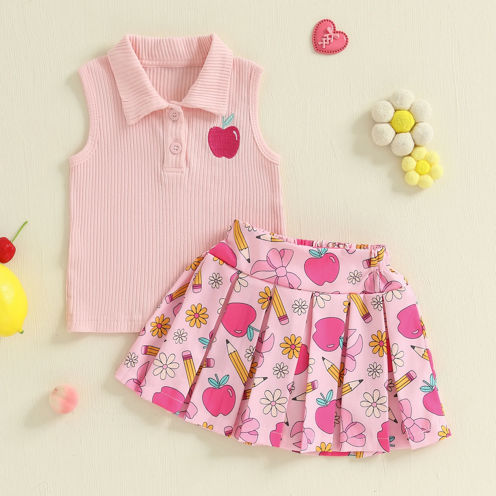 

Lioraitiin Kids Girl Back to School Outfit Baby Apple Embroidery Lapel Tank Tops and Pleated Skirt Set Toddler Summer Clothes