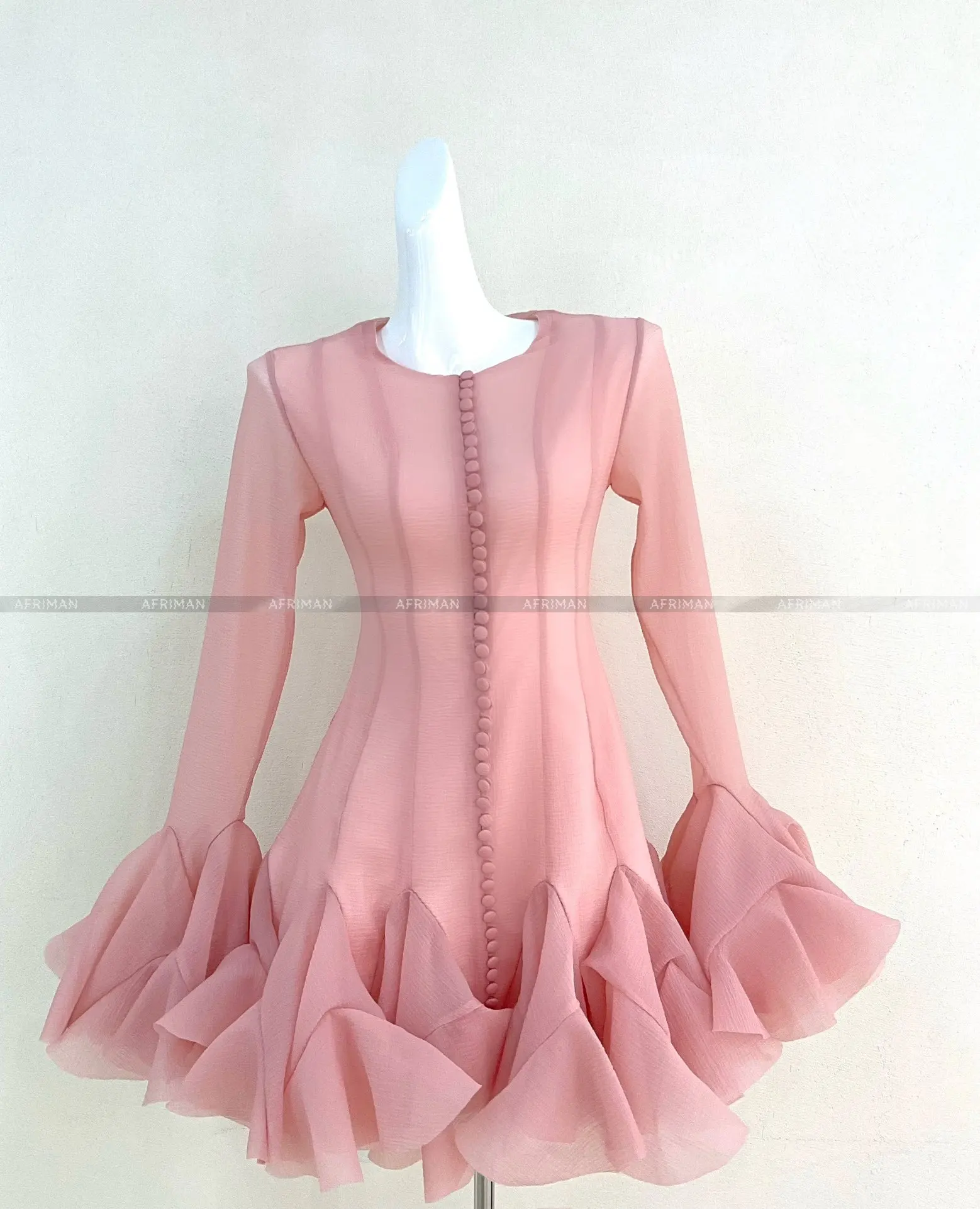 Women Big Flare Sleeve Single Breasted Temperament Handmade Petal Ruffles Dress