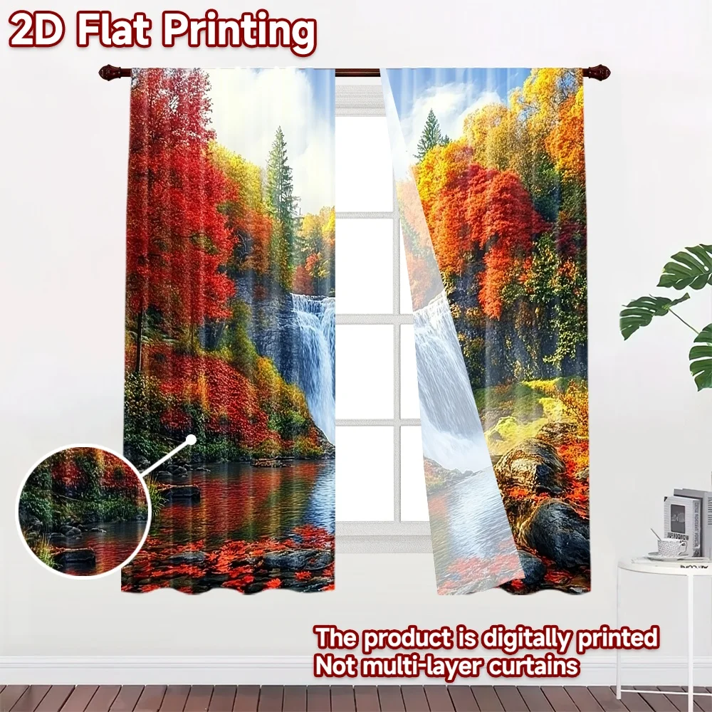 2D flat 2pcs Curtain Home Short Curtains Autumn Waterfall Forest Durable polyester fiber Festive Holiday Use for Booths Studio
