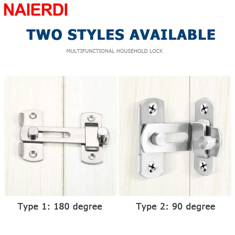 NAIERDI Stainless Steel 90/180 Degree Hasp Latches Sliding Door Chain Locks Security Hardware For Window Cabinet Hotel Home