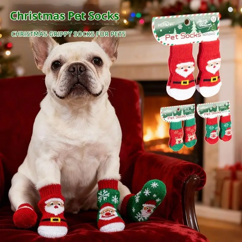 4 unids/set Navidad ciervo muñeco de nieve calcetines de punto para mascotas-zapatos protectores de patas antideslizantes cálidos de invierno para perros pequeños gatos ropa interior