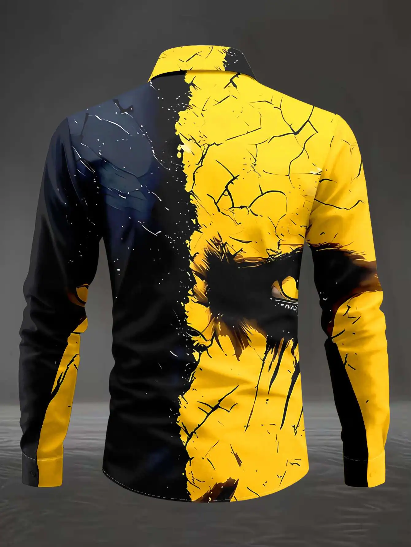 Men Long Sleeve Button Down Shirt Black Yellow Split Background Beast Eye Crack Print Polyester Lapel Collar Party