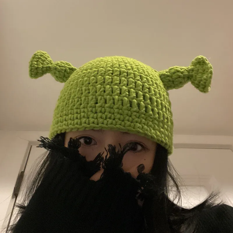 Funny Hat Monster Shrek Green Funny Hats Female Winter Knitted Cap Cute Head Cover Wool Caps Beanie  Gorro