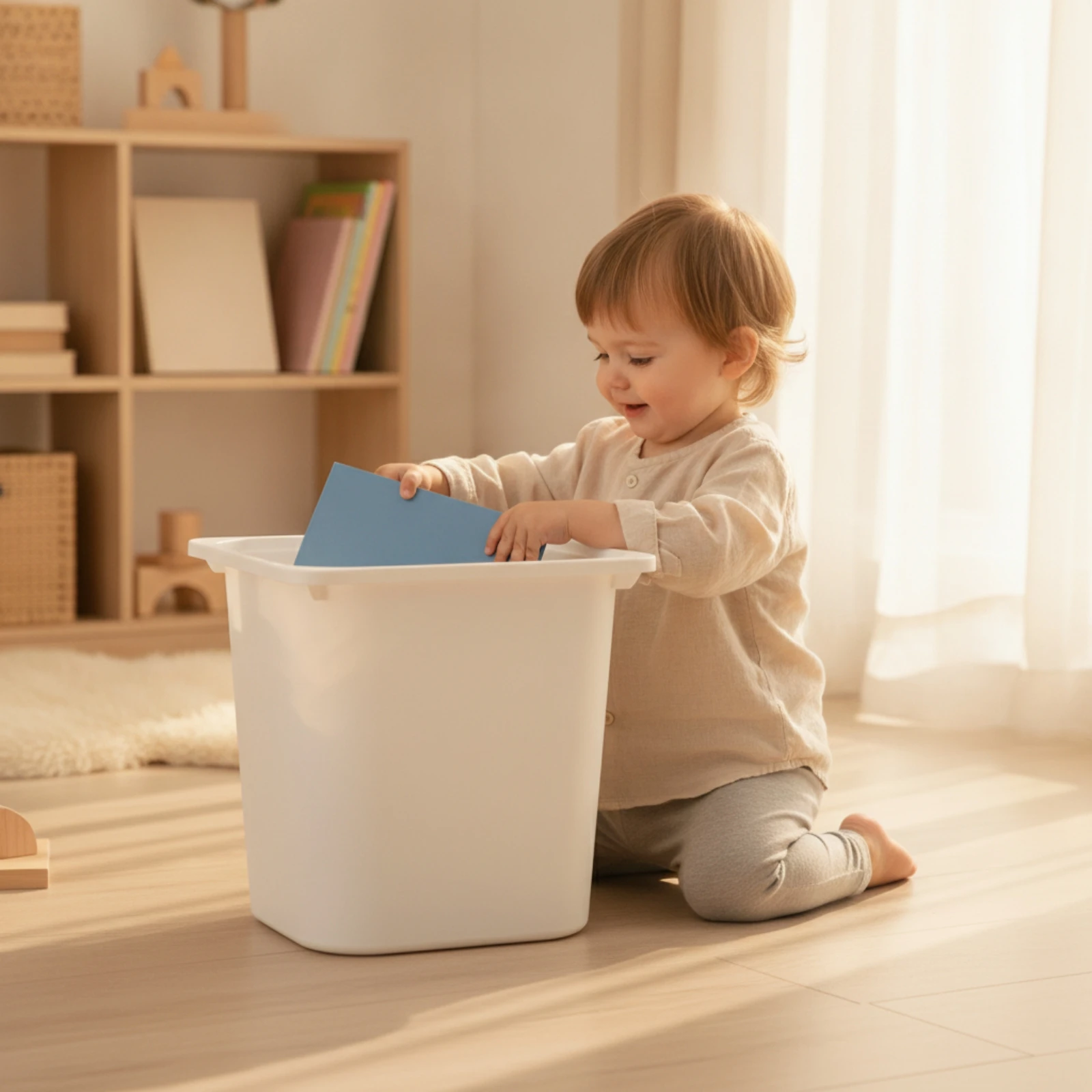 長方形のプラスチック製収納ボックス。組み立て不要で、縁が付いているため、おもちゃや本、小物などを整理しやすい。