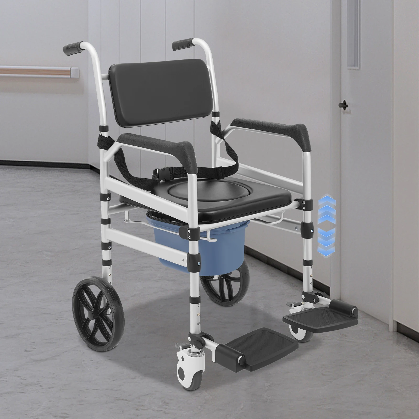 

Foldable Shower Rolling Chair Folding Bath Wheelchair Height Adjustable Shower Chair w/Safety Buckle Strap & Chamber Pot