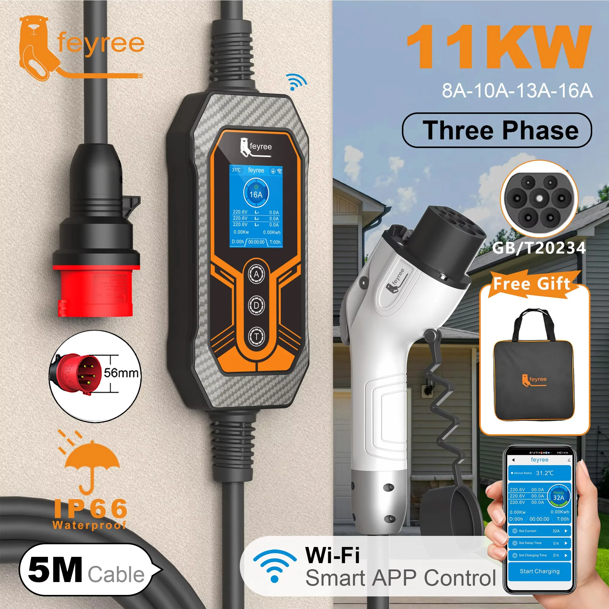 

feyree GB/T 11KW 16A 3Phase Portable EV Charger Smart APP WIFI Version 5m Cable Gift Bag for Electric Vehicle Charging Station