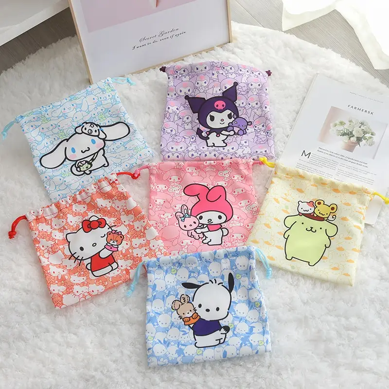 Anime Sanrios Cinnamoroll Kuromi Hello Kitty Melody Pom Pom Purin Cute Cartoon Drawstring Closure Organizer Bag Gift for Friend