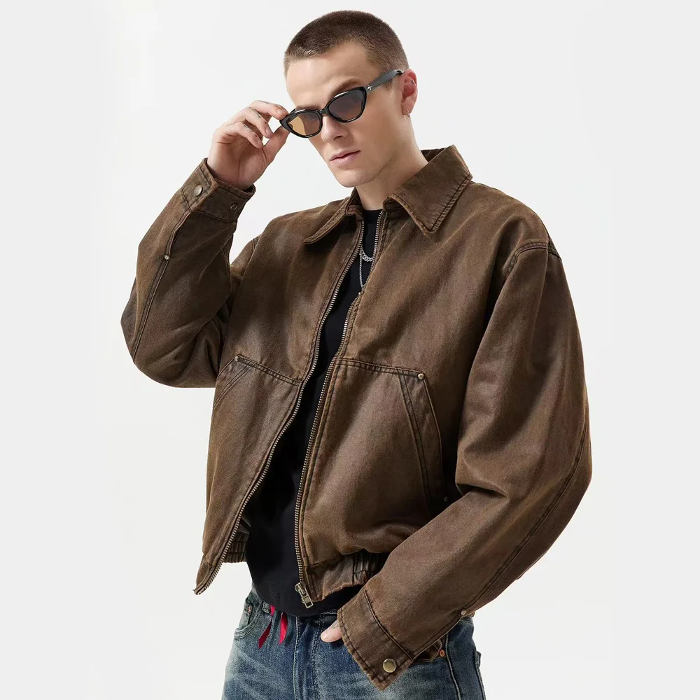 Oil Wax Leather Cargo Motorcycle Jacket Men Streetwear Fashion High-end Loose Casual Short Bomber Jacket Spring Autumn Coat