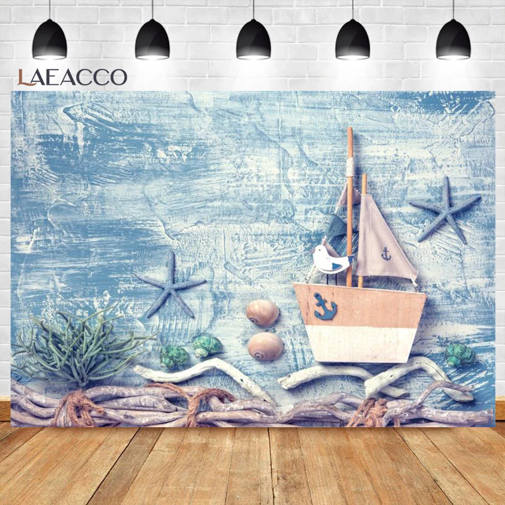 Summer Sailing Wood Boat Anchor Wheel Rudder Fishing Net Party Photo Backdrop Baby Shower Birthday Party Decor Background Props