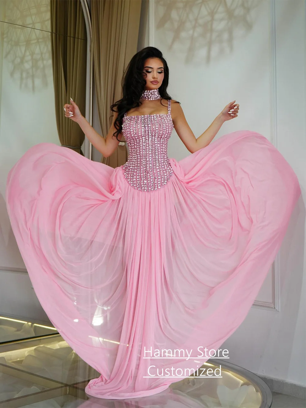 Sexy Crystal Evening Dress Customized Spaghetti Straps See Through Sweep Train Chiffon Pageant Party Gown Prom Dresses