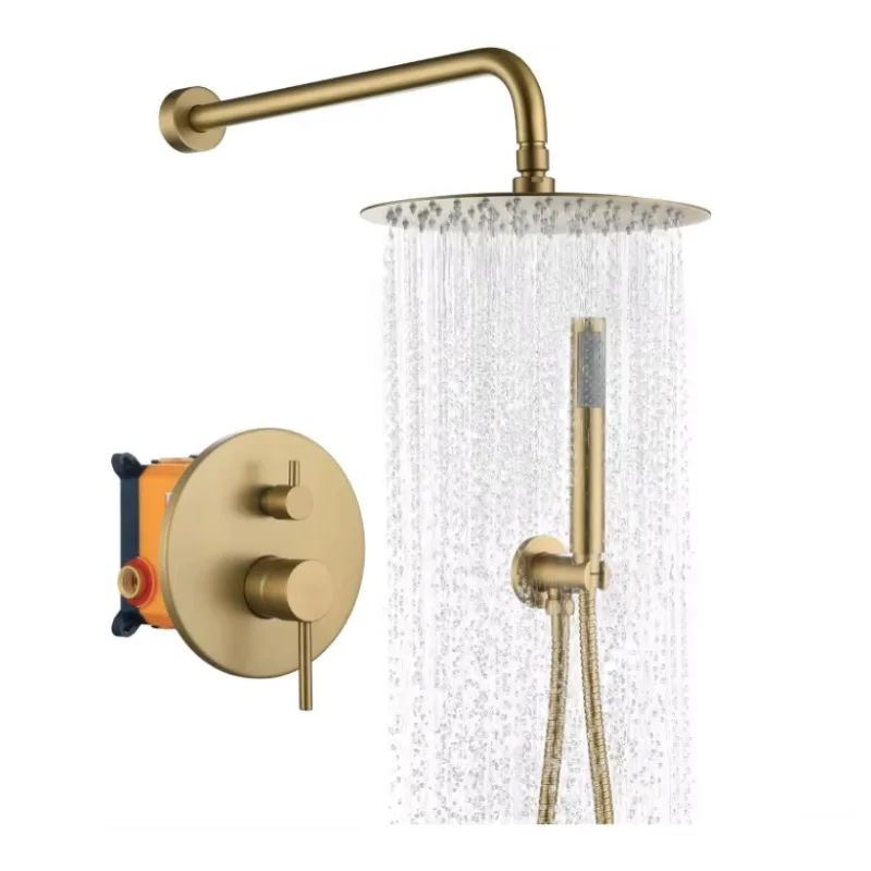 

Набор смесителей для душа Настенная душевая система 10-дюймовая насадка для душа с дождевой насадкой Ручной комбинированный матовый золотой термостатический двойная ручка