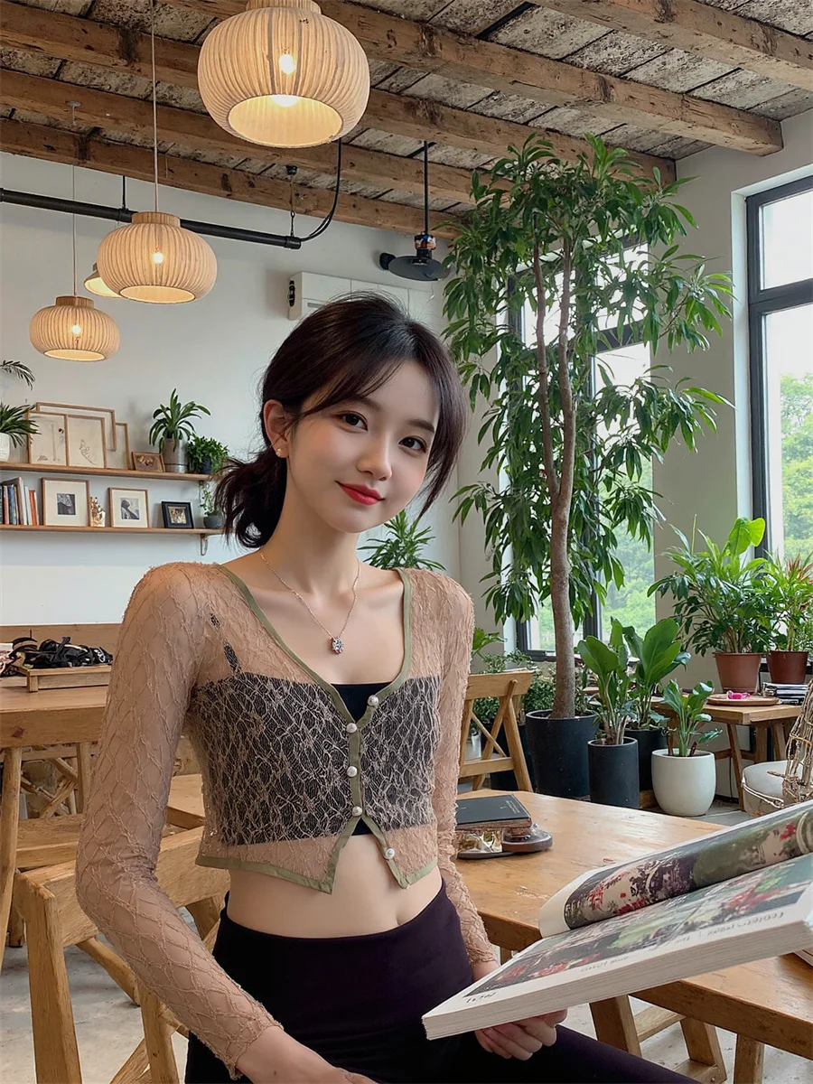 Dames feestoverhemden met lange mouwen Dames Wit Gehaakt O-hals Ronde kraag Knop Voorkant Eenvoudig Basic Minimalistisch Mode Casual Tops