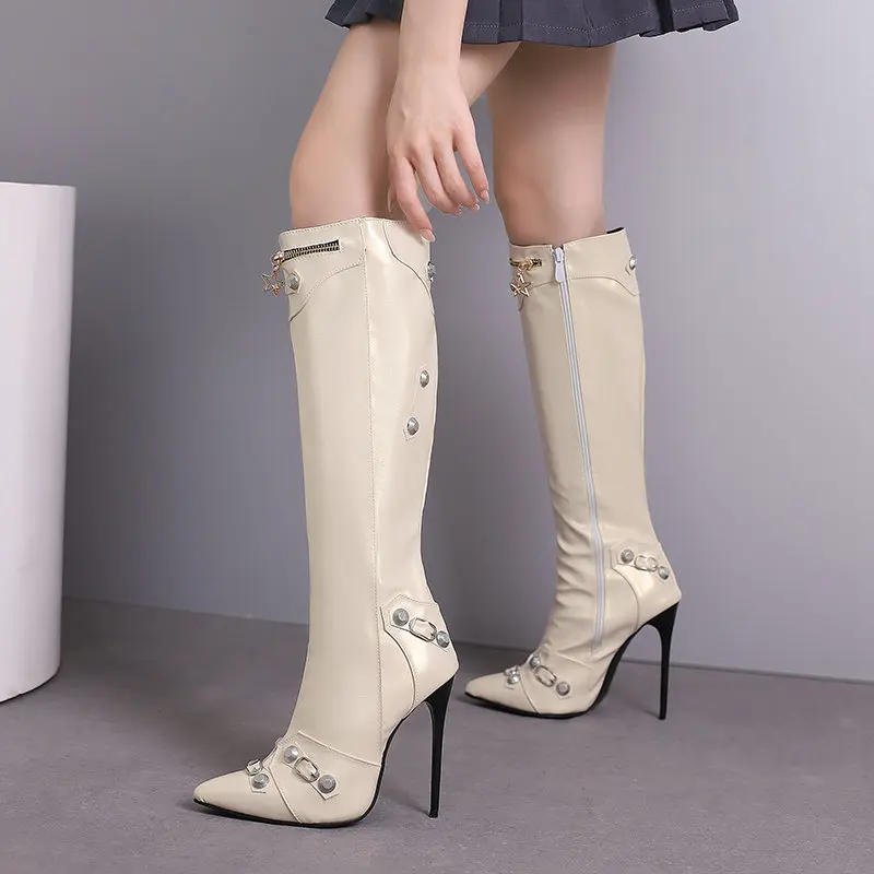 REAVE CAT Sexy Women Long Boots Pointed Toe Stiletto 12cm Decoration 46 47 48 Female Knee High Booties