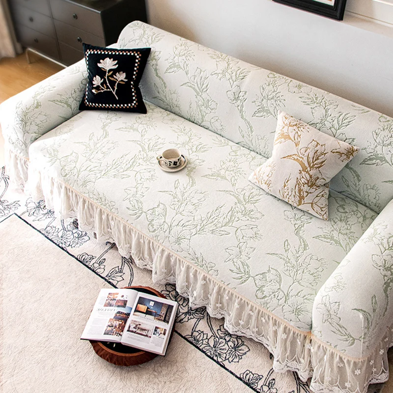 Nordic Flower Jacquard Lace Skirt Sofa Cover Soft Polar Fleece All-Inclusive Dust Cover for Sofa Easy-Care Elastic Couch Covers