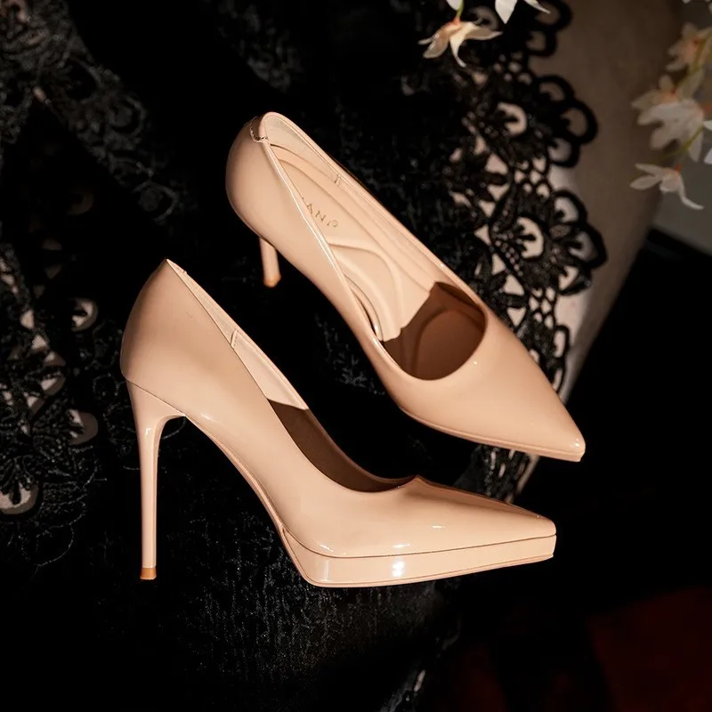 

Waterproof platform high heels Women's pointy thin heels ceremonial single shoes Commuter work shoes simple high heels