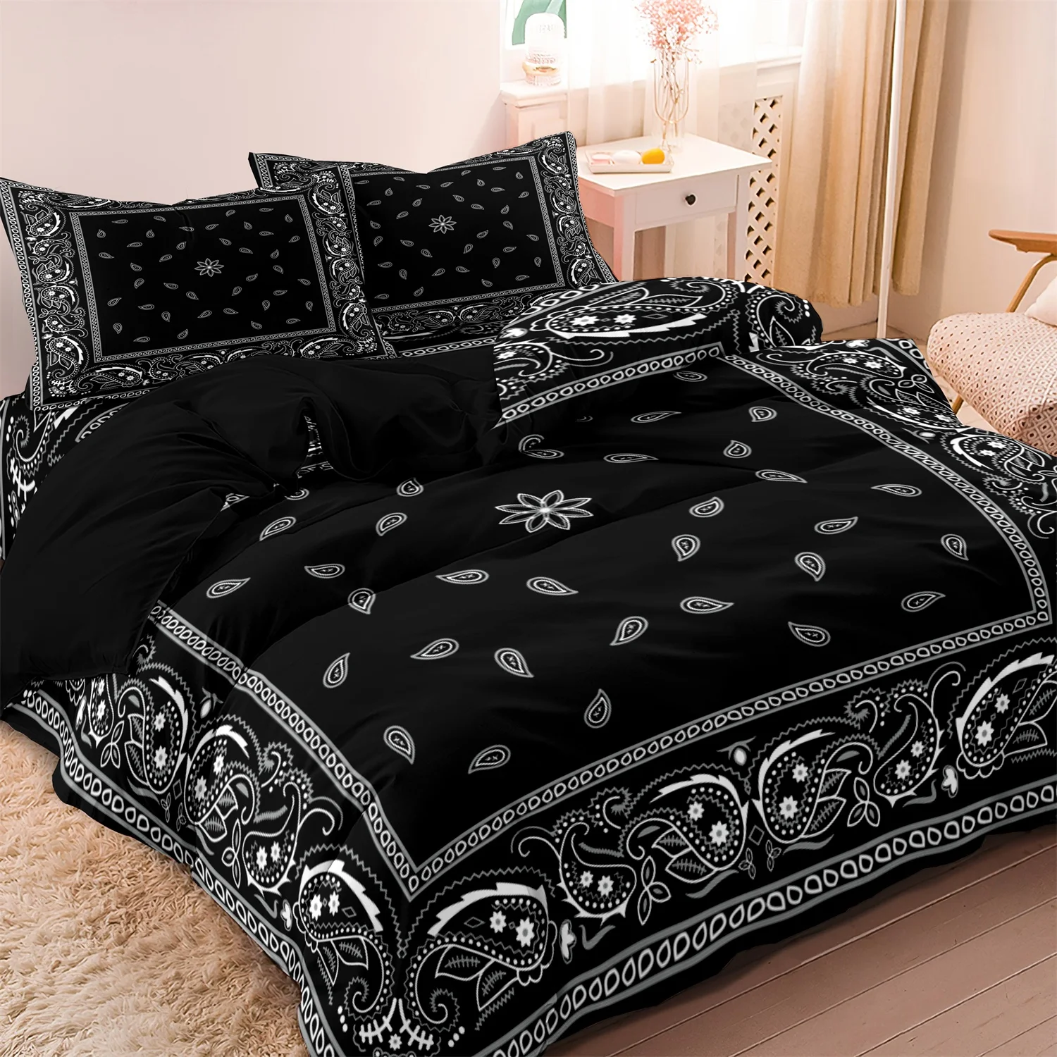 3-teiliges stilvolles Paisley-Bettbezug-Set mit Bandana-Muster und Kissenbezügen für Schlafzimmer und Schlafsaal-Dekoration. Bettbezug + 2 Kissenbezüge