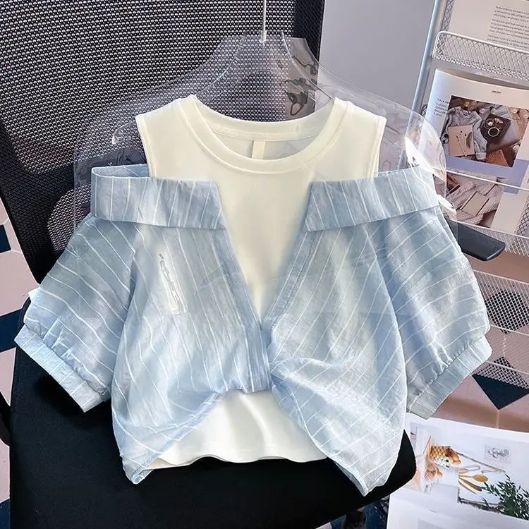

Elegant Summer Shirt Women's Loose Striped Knot Top Fashionable Versatile Shoulder Bared Two-Piece Design Polyester Fiber