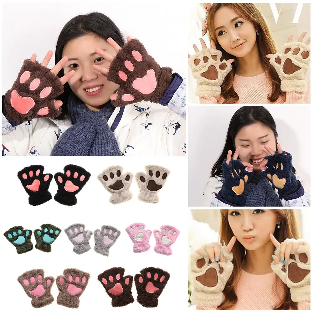 

14Colors Fashion Warm Winter Fluffy Plush Fingerless Bear Cat Paw Gloves