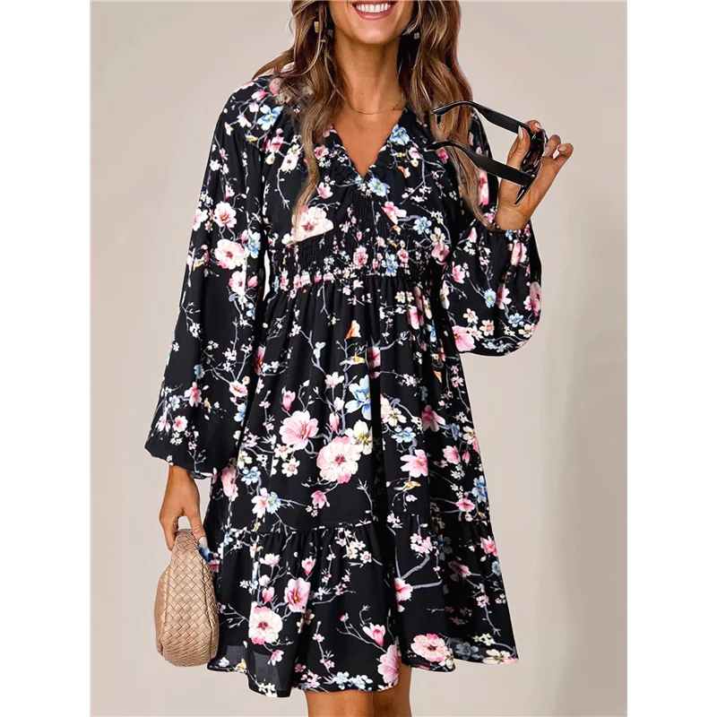 CYL-Fall Dresses For Women Boho Floral V Neck Long Sleeve Smocked Elastic Waist Casual A-Line Mini Dress Sundress