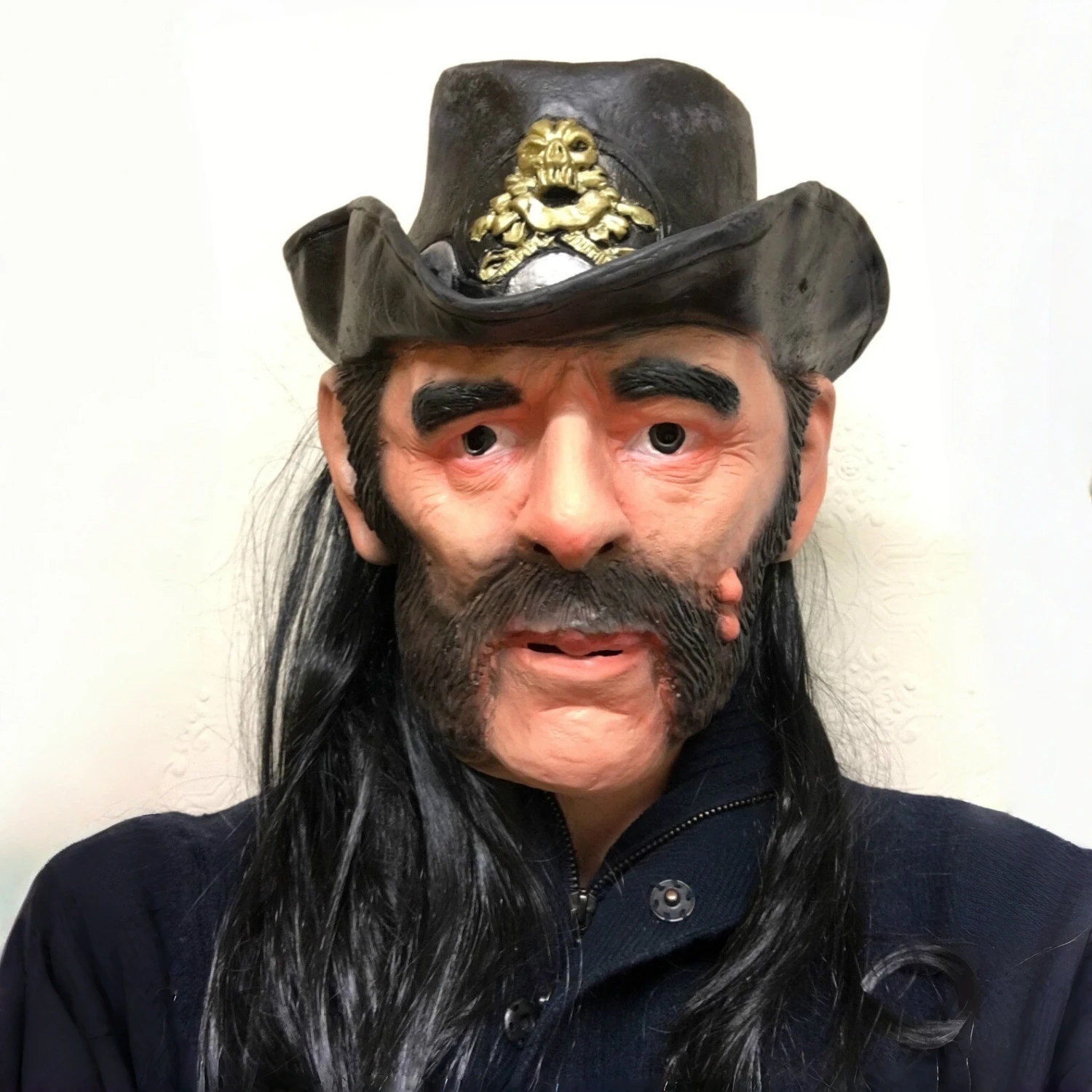 Máscara de celebridad Lemmy Kilmister para adultos con sombrero y peluca de látex de goma accesorio de disfraz de vaquero para anciano cantante Pop