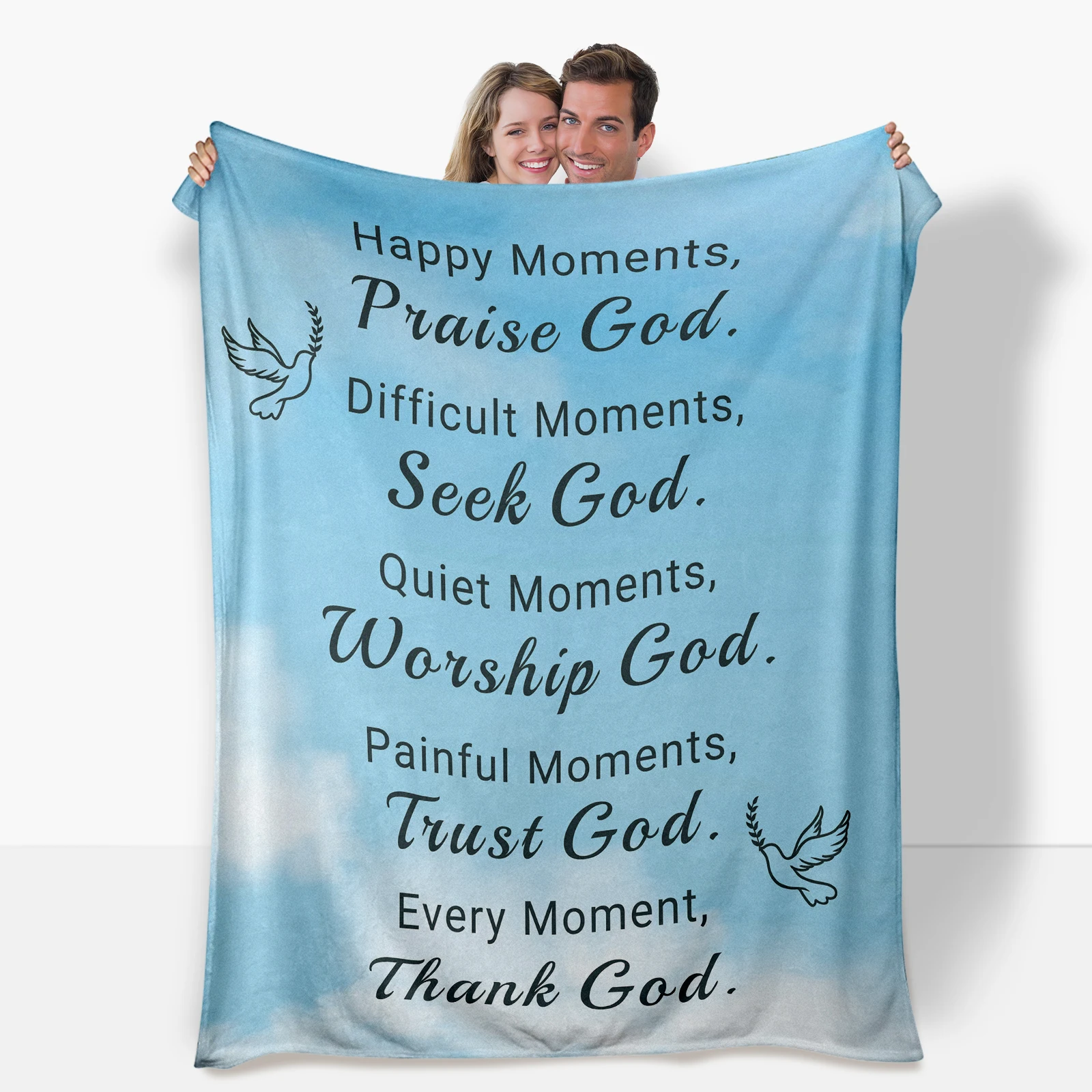 Religious themed flannel blanket in blue featuring peace dove offers comfort and spiritual peace to friends