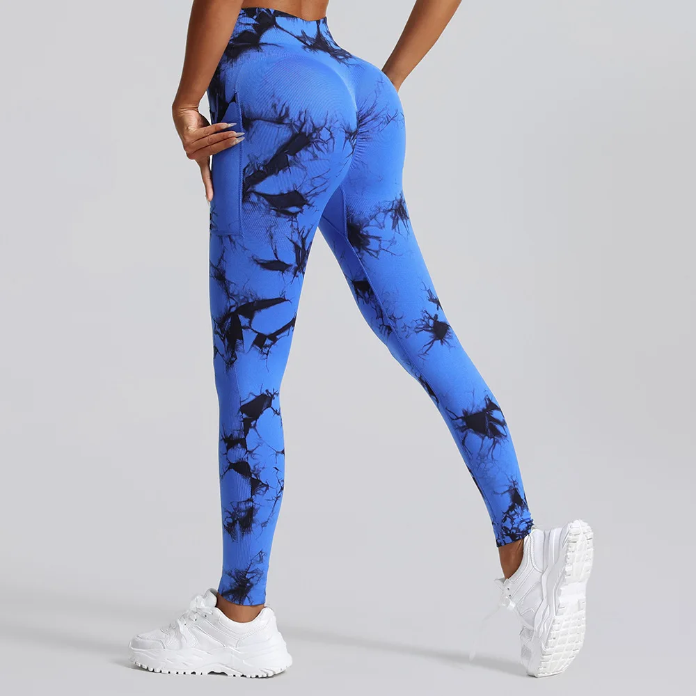 New Seamless Tie Dye Yoga Pants Sports Leggings Women High Waist Push Up Tights Fitness Workout Side Pocket Pants Gym Clothing