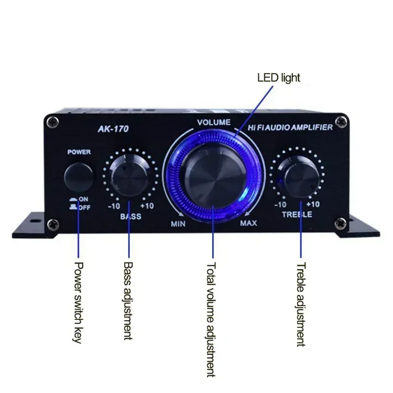 

AK170 Mini Digital Power Audio Car Amplifier Blue Light Stereo Audio Amplifier for Home Theater Club Party Music 200W x2