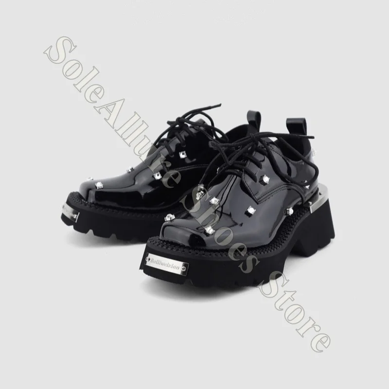 Punk Style Platform Derby Shoes Lace Up Patent Leather Studded Non Slip Comfortable Cushioned Supportive Lightweight Shoes