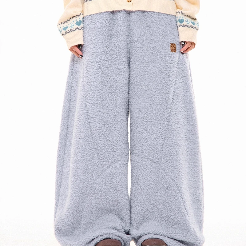 겨울 신상 양털 드로스트링 여성 캐주얼 팬츠 아메리칸 레트로 두꺼운 신축성 허리 루즈 와이드 레그 따뜻한 바지 여성용