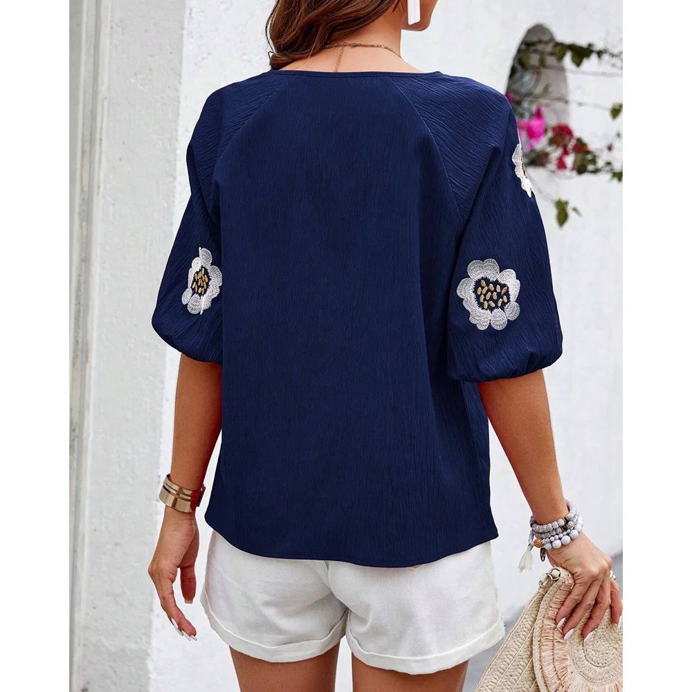 Summer Women Embroidery Floral Blouse Casual Short Lantern Sleeve Female V-neck Lace Up Streetwear Clothing