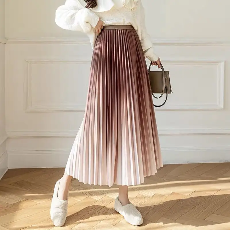 

Gradient Color Pleated Skirt Women Autumn Winter Drape A Line Mid Length Skirt Female Korean Style Y2k Faldas Mujer Streetwear