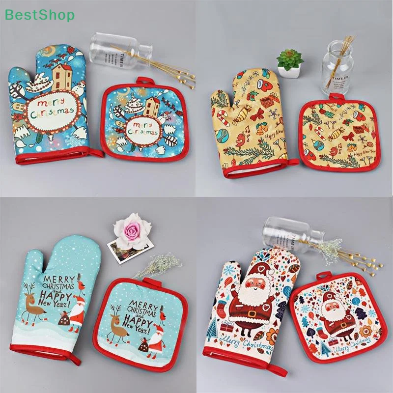 Christmas Oven Gloves Pot Holders Set Santa Claus Snowflake Candy Pattern Insulated Oven Mitts Home Kitchen Christmas Decoration