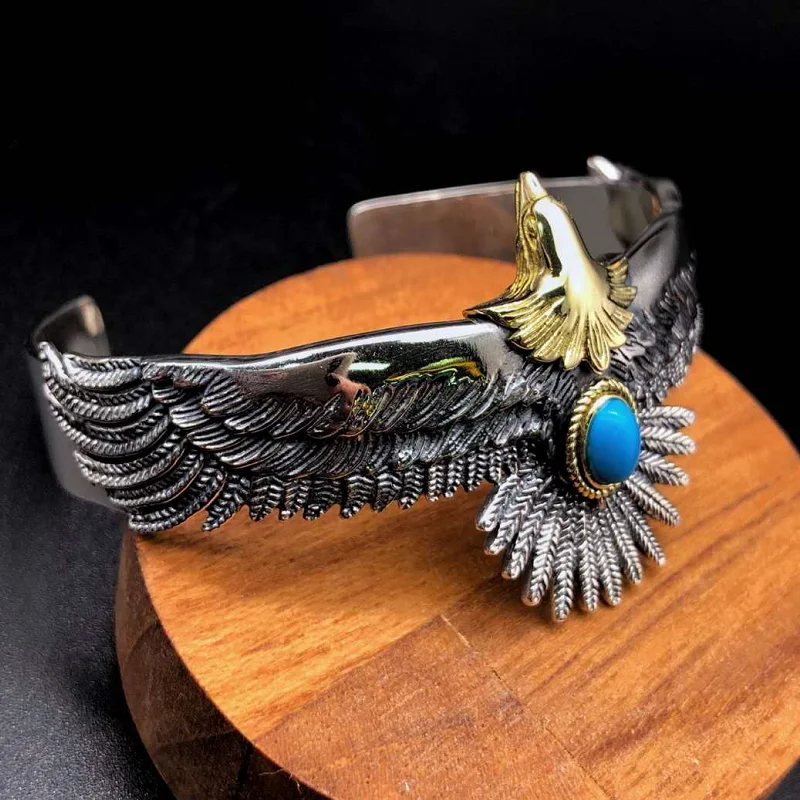 BOCAI New Pure S925 Silver Jewelry Trendy Feather Eagle Logo Blue Stone Flying Eagle Retro Men Bracelet Valentine's Day Gift